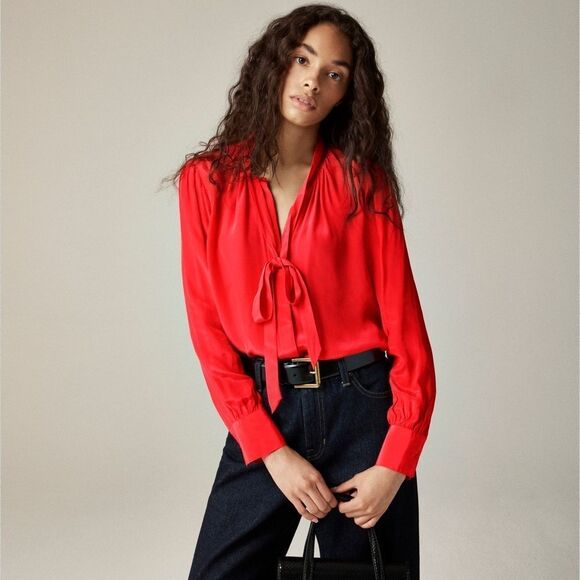 NWT J CREW Tie-neck top in crepe de chine in red - Picture 3 of 7
